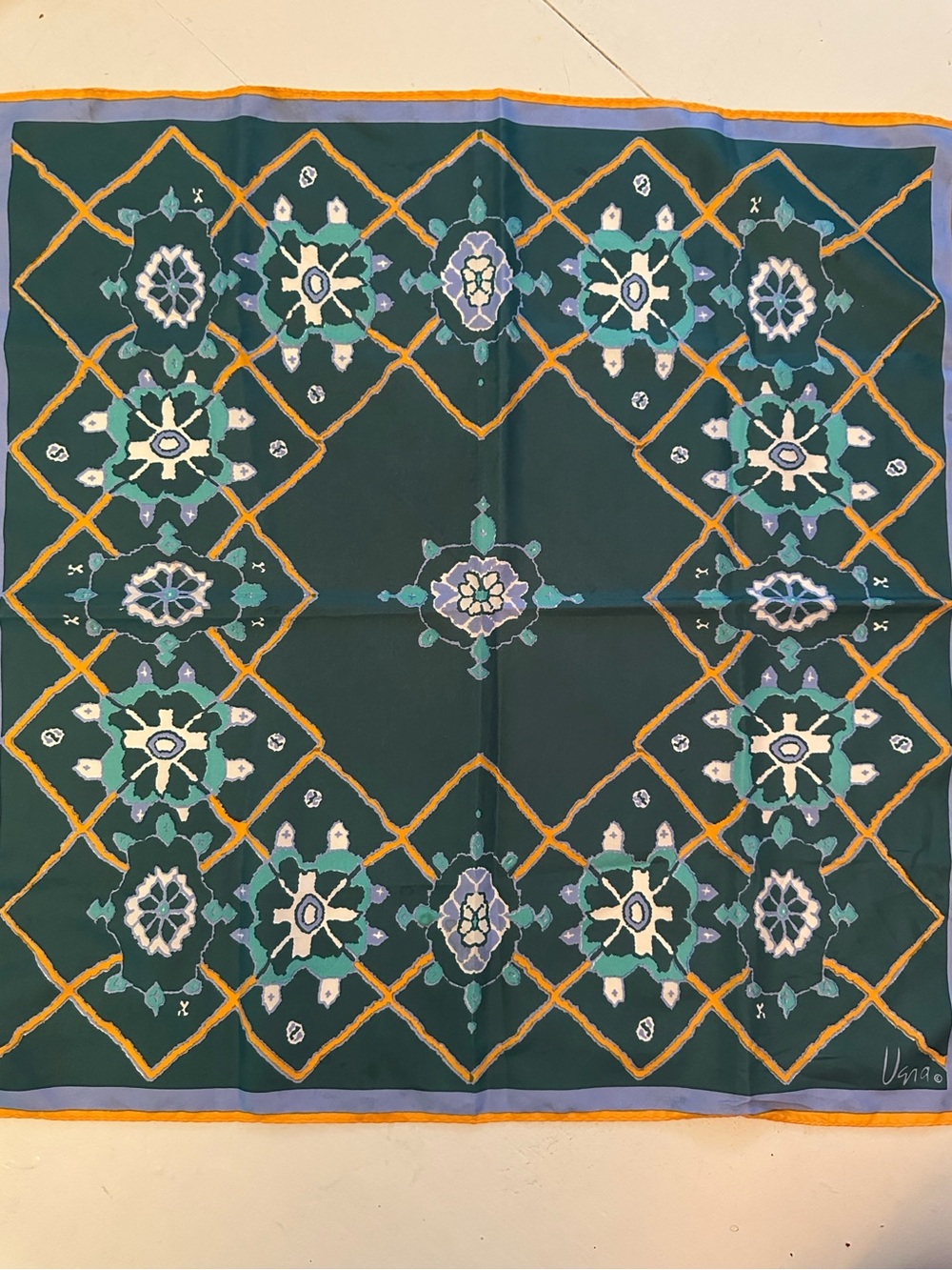 VINTAGE VERA NEUMANN POLY ORANGE TEAL SCARF 22"